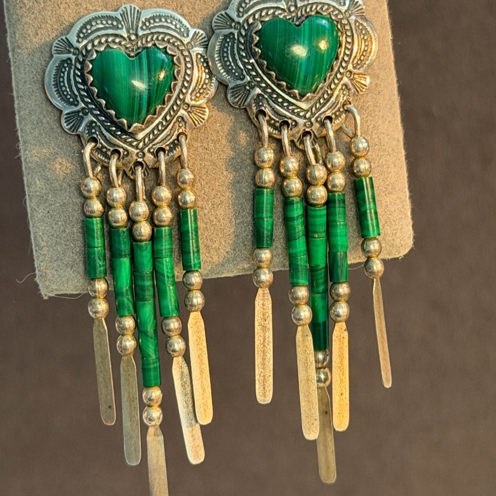 Vintage 925 Sterling Silver Malachite Heart Fringe Dangle Earrings Native Navajo - Picture 2 of 8